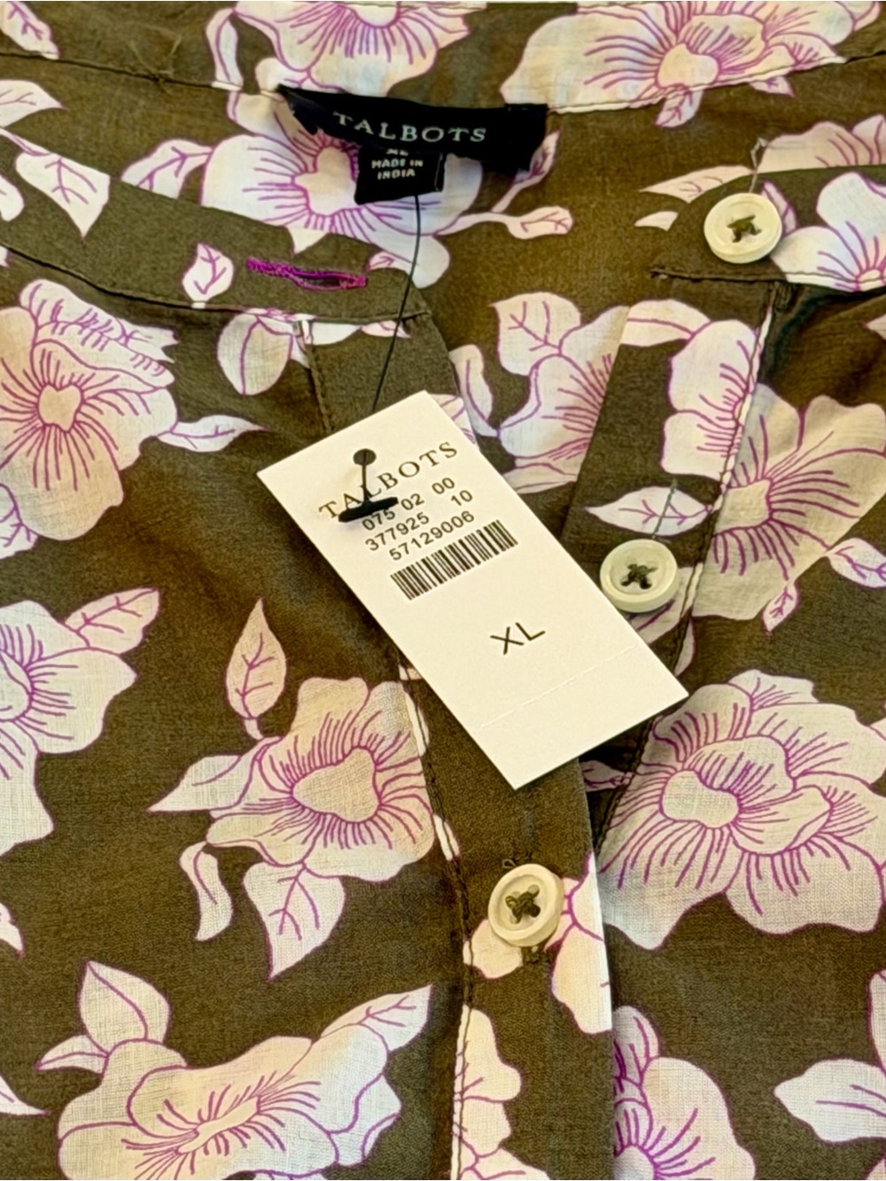 Talbots Women’s Long-Sleeved Popover Blouse in Olive with Pink & White Flowers